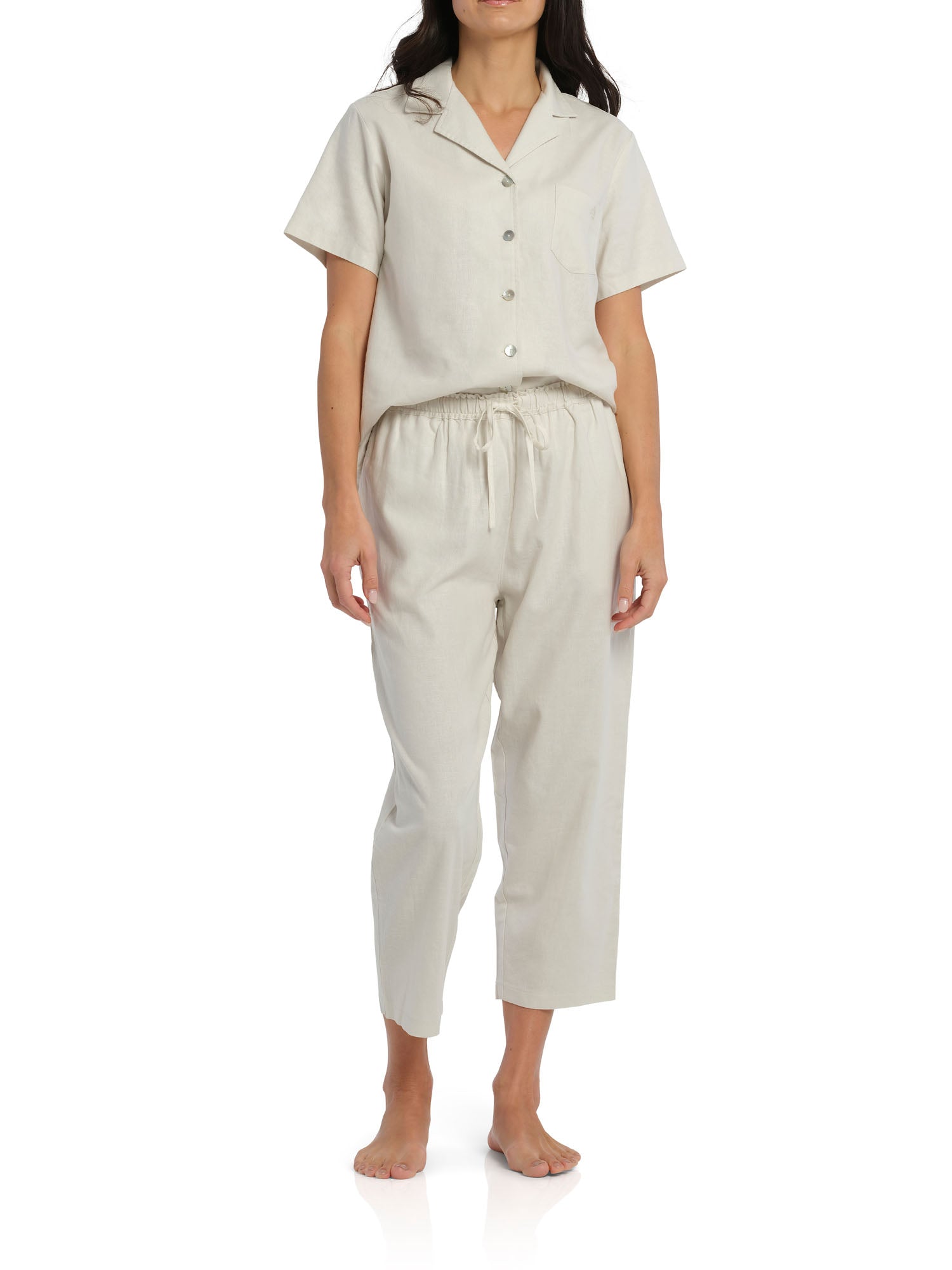 Women s Ivory Summer Linen Short Sleeve Pyjama Set with 7 8 Pant