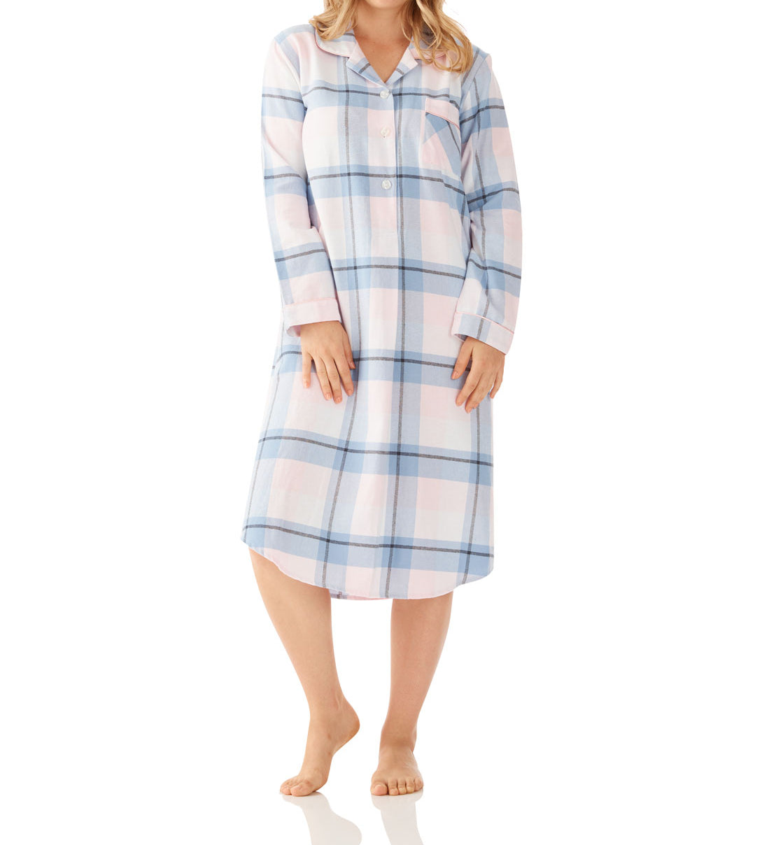 Ava Check Flannelette Cotton Midi Length Nightshirt Magnolia Lounge