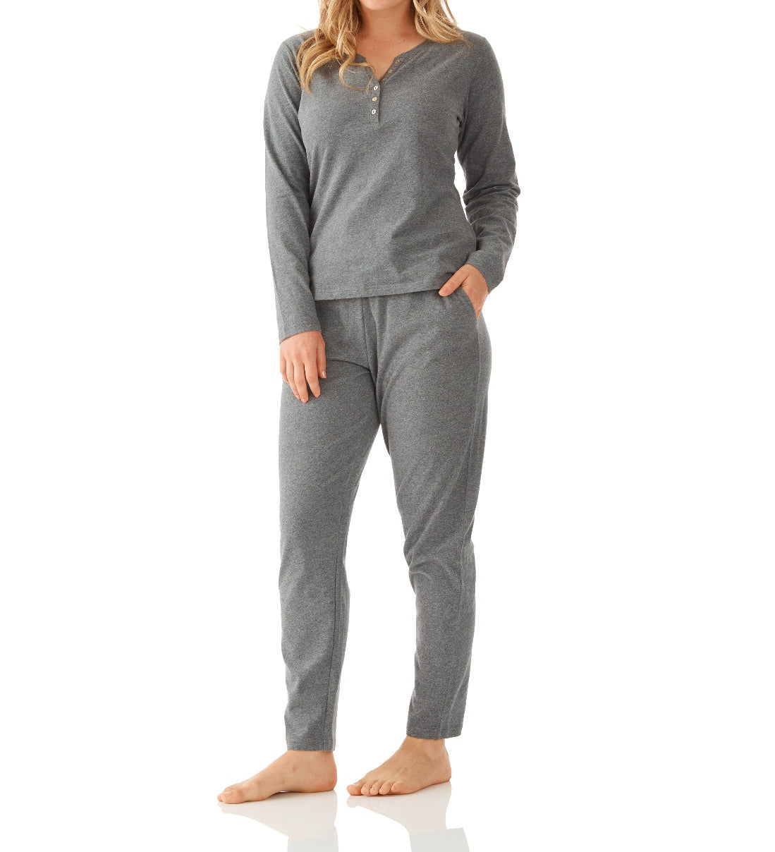 Charcoal Marle Long Sleeve Henley Top with Tapered Pant Set | Women's Cotton Jersey Pyjama Set | Magnolia Lounge Sleepwear Australia