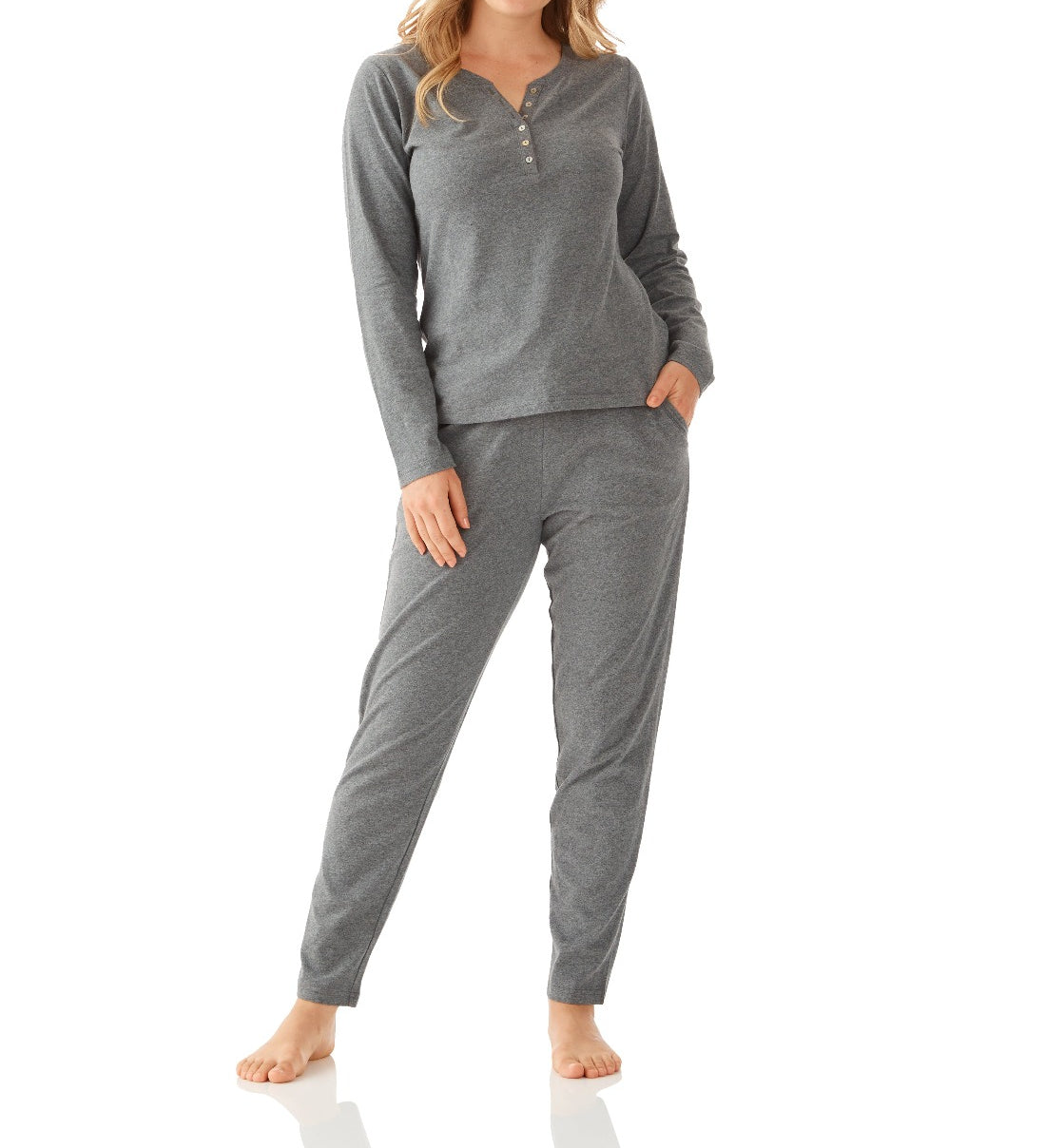 Charcoal Marle Long Sleeve Henley Top with Tapered Pant Set | Women's Cotton Jersey Pyjama Set | Magnolia Lounge Sleepwear Australia